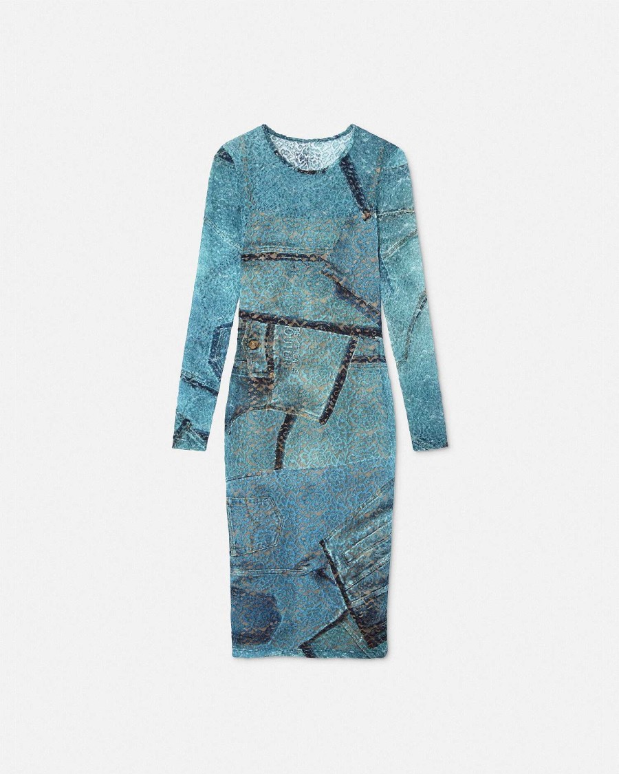 Online Patchwork Denim Lace Midi Dress Clothing