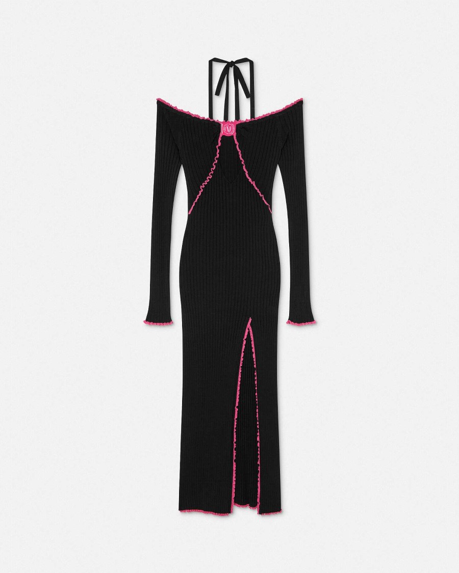 Hot V-Emblem Ribbed Knit Long Dress Clothing