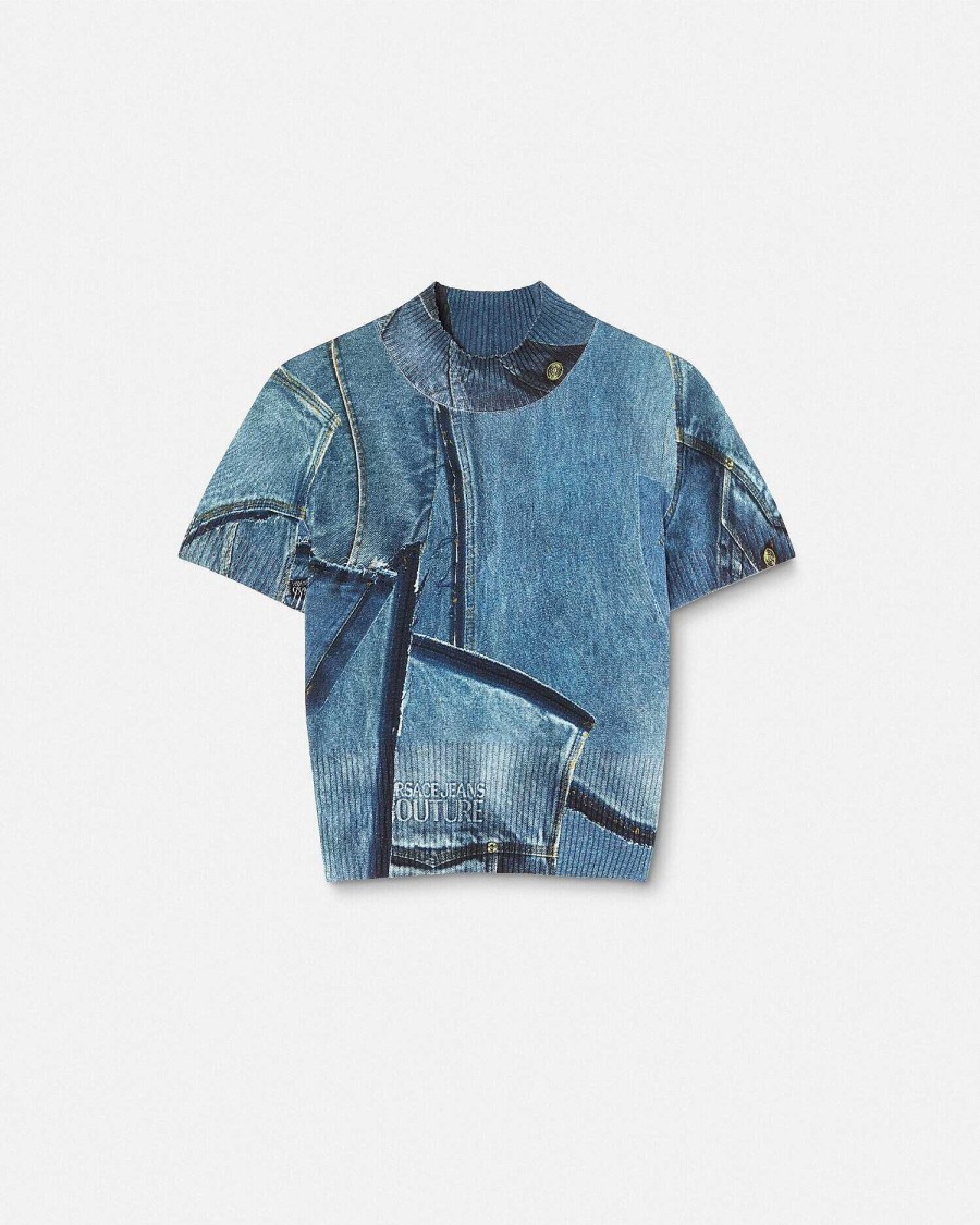 New Patchwork Denim Knit Top Clothing